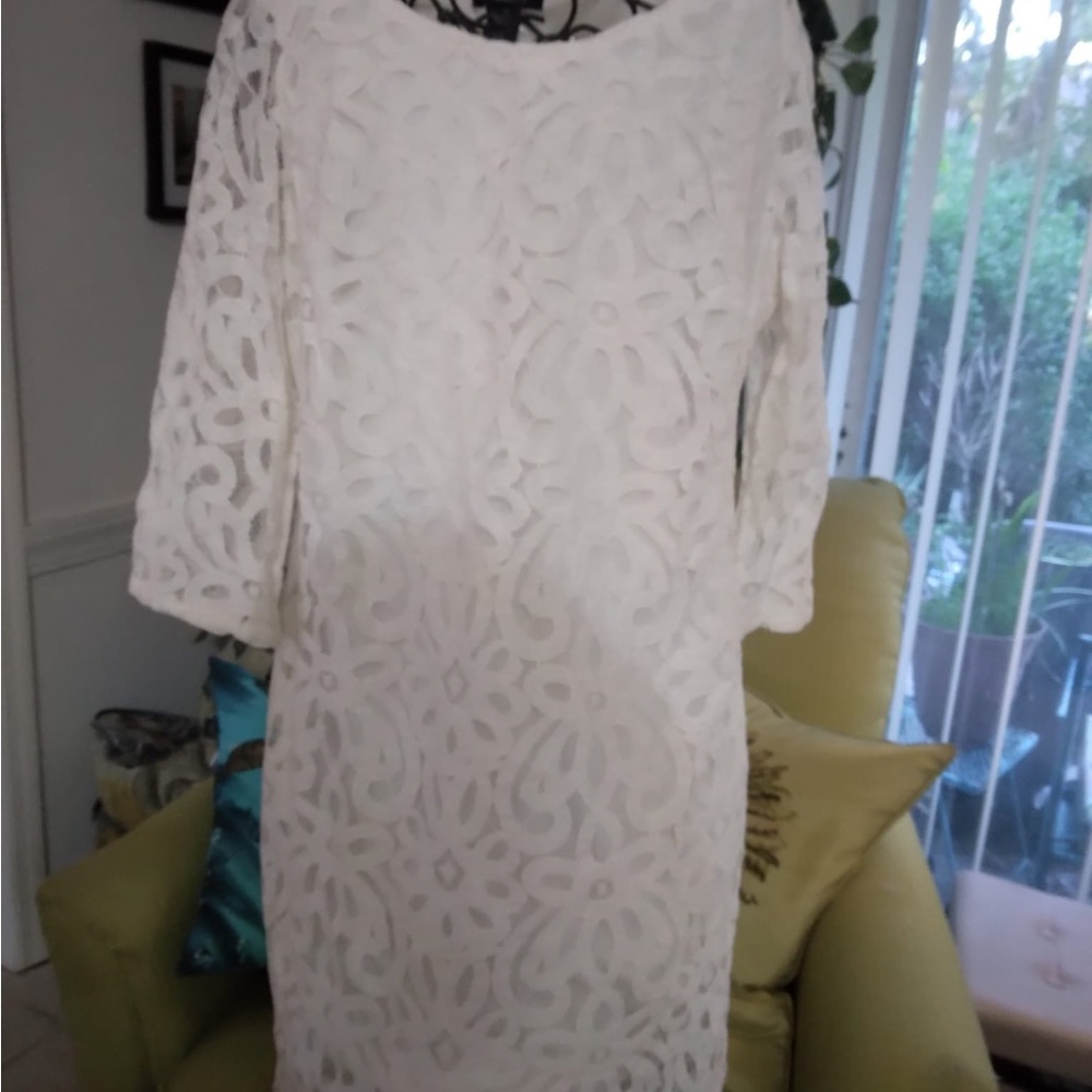 Glamour White LACE Sheath Dress 3/4 Sleeve - Picture 4 of 9